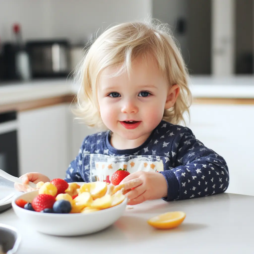 A colorful toddler breakfast with mini pancakes, scrambled eggs, fruit slices, and yogurt on a cheerful plate.