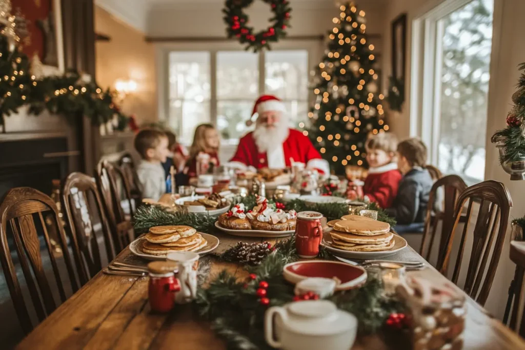 A festive breakfast with Santa setup featuring pancakes, hot chocolate, and holiday decorations with Santa seated in the background.