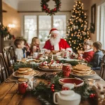 A festive breakfast with Santa setup featuring pancakes, hot chocolate, and holiday decorations with Santa seated in the background.