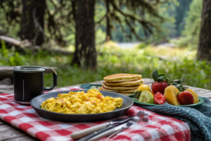 A vibrant camping breakfast spread with scrambled eggs, pancakes, fresh fruit, and coffee on a picnic table.