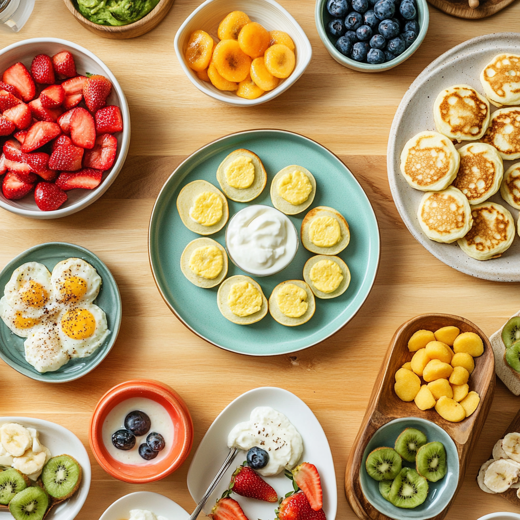 A cheerful breakfast spread featuring easy toddler breakfast options like mini pancakes, scrambled eggs, fruit slices, and yogurt.