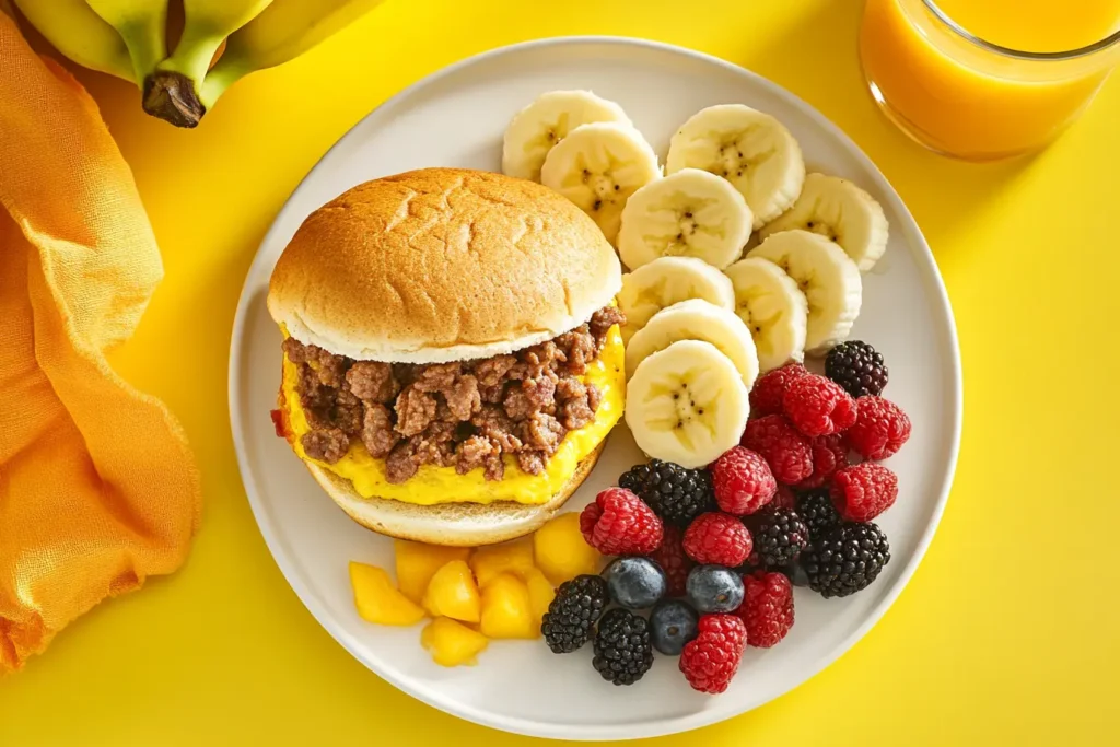 A Jimmy Dean breakfast sandwich served with fresh fruit and orange juice on a bright breakfast table.