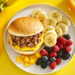 A Jimmy Dean breakfast sandwich served with fresh fruit and orange juice on a bright breakfast table.