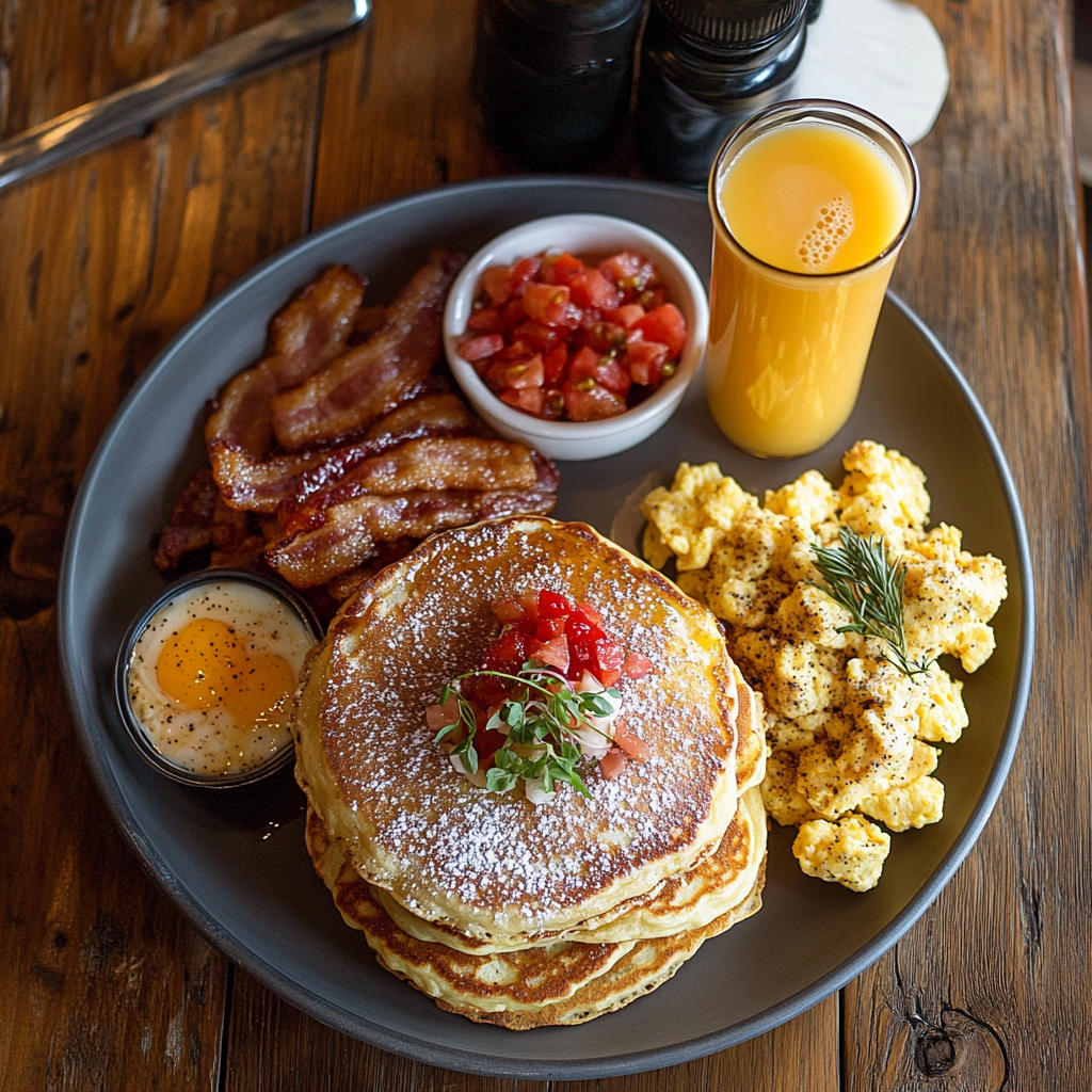 A cozy breakfast spread with pancakes, eggs, bacon, and a mimosa from Over Easy Bar and Breakfast Portland OR.